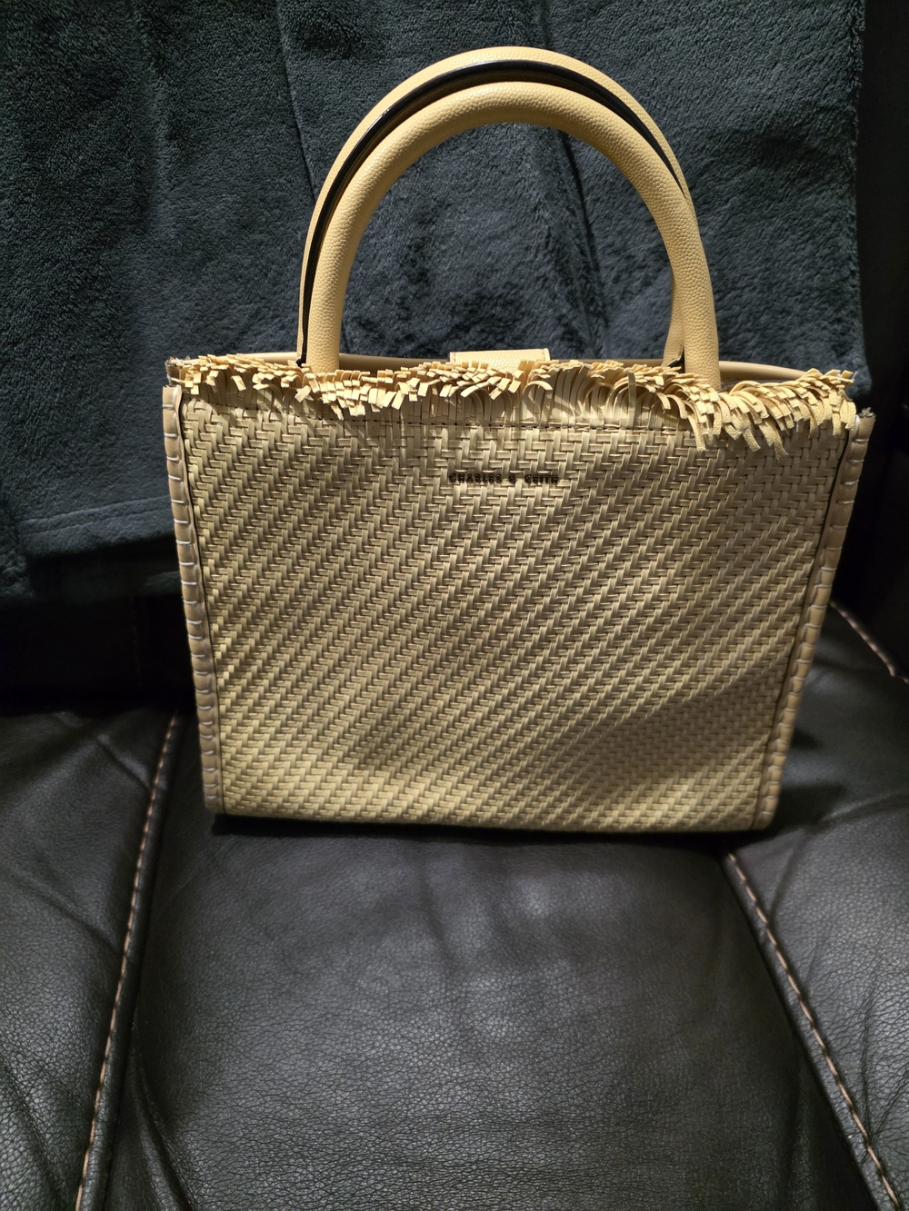 Charles & Keith Woven Straw Crossbody in Light Beige with Fringe Trim